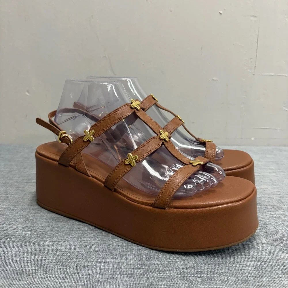 Larroude Platform Sandals Womens 9 Tan Leather Gold Floral Strappy Gladiator V58